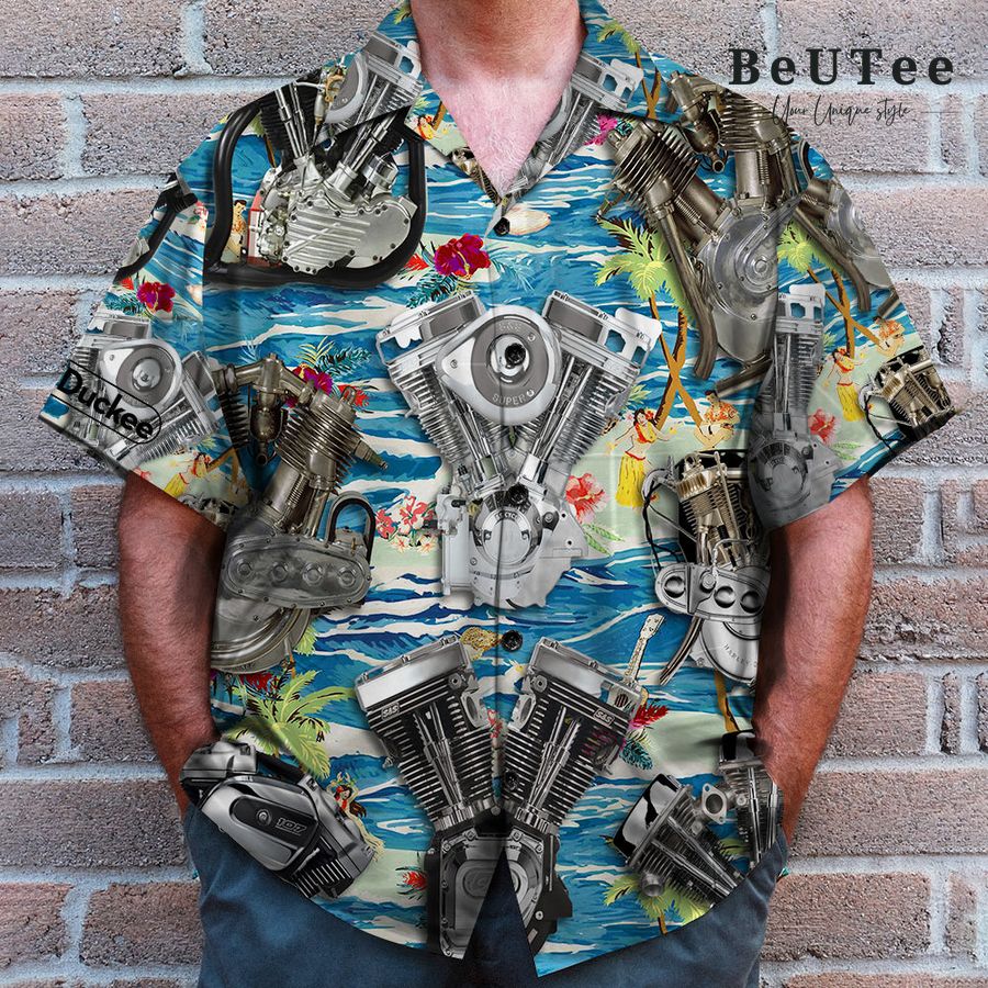 26 Biker Seamless Motorcycle Engine Pattern Hawaiian Shirt Shorts