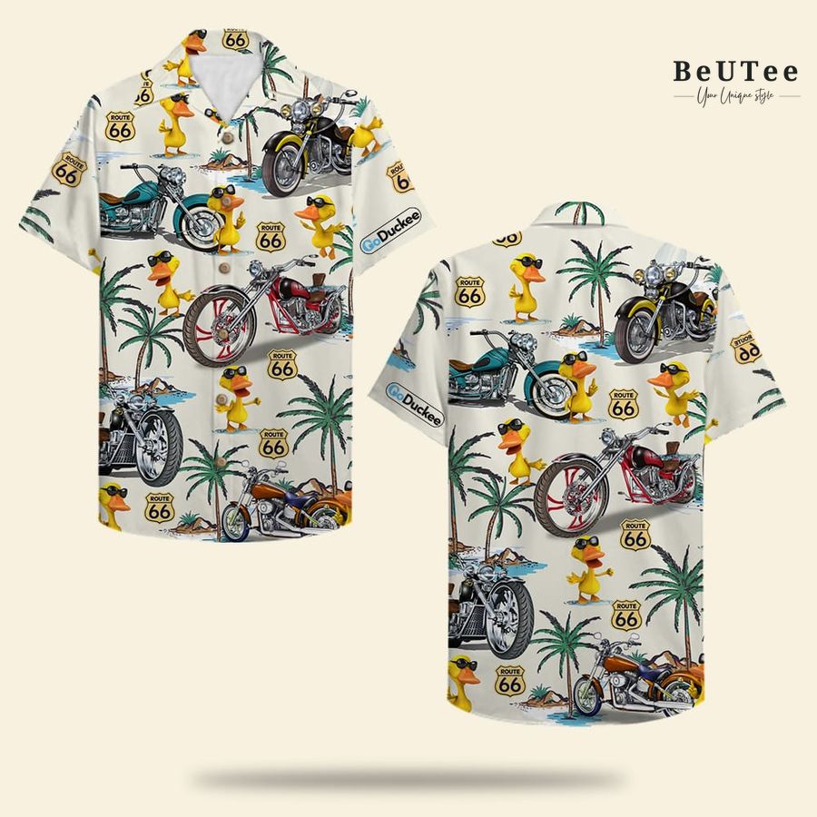 Biker Duck Duck and Classic Motorcycles Pattern Hawaiian Shirt 