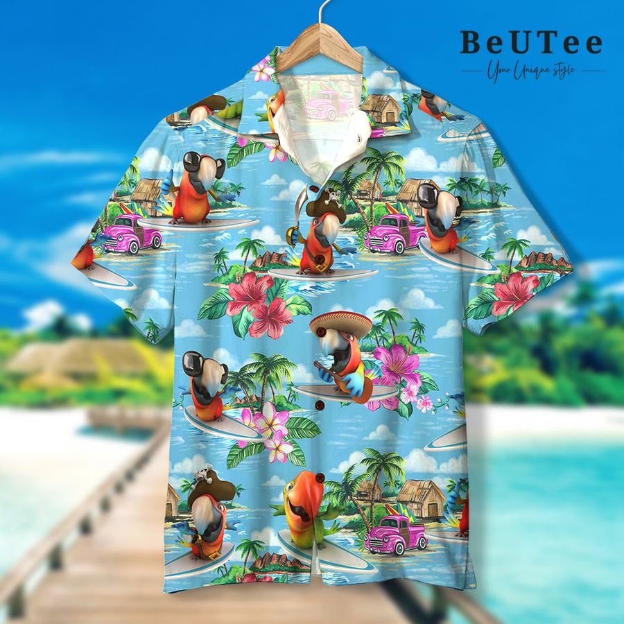 Surfing Parrot Tropical Island Scenes Hawaiian Shirt - Beuteeshop
