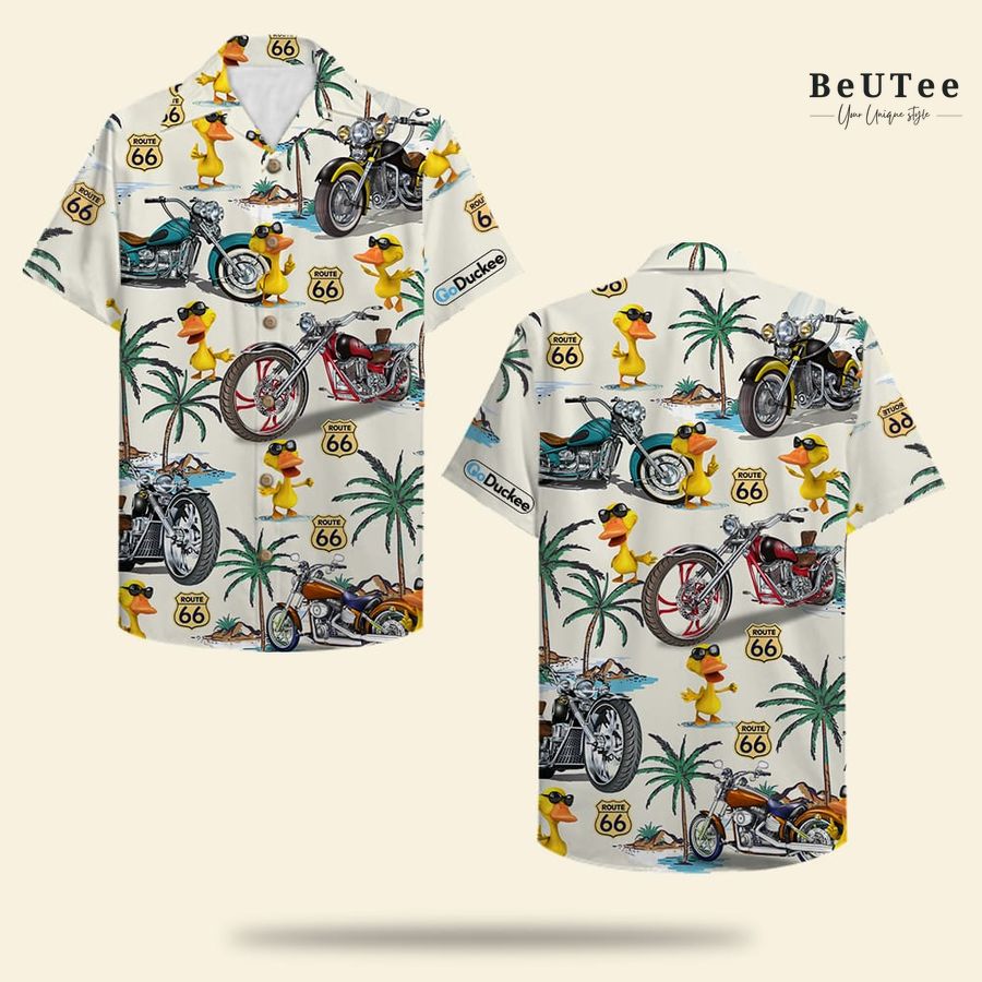 28 Biker Duck Duck and Classic Motorcycles Pattern Hawaiian Shirt