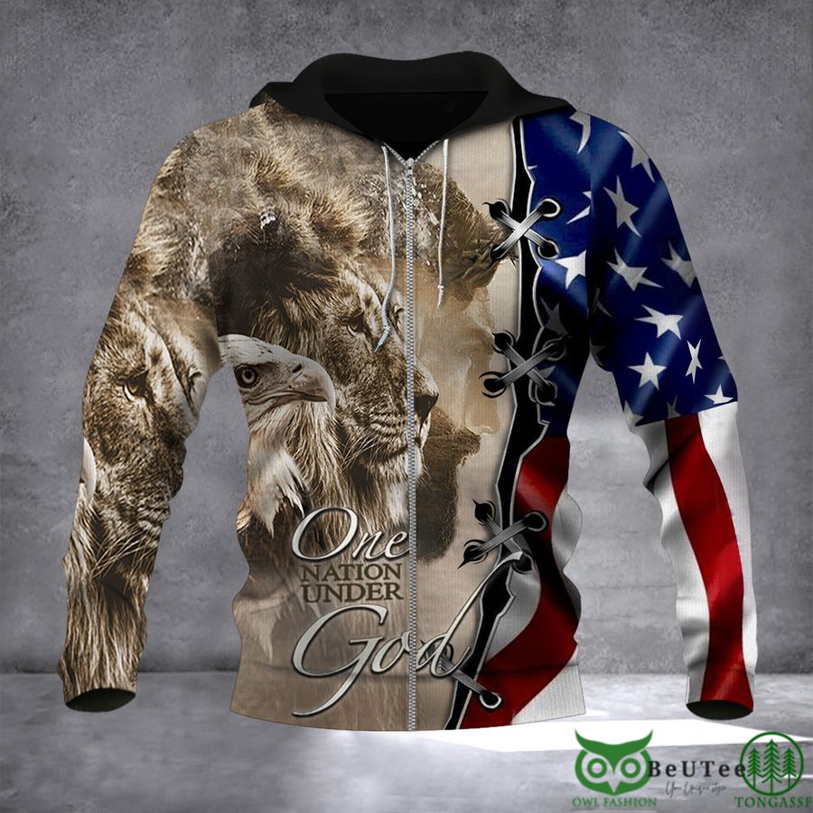 Jesus With Lion Eagle One Nation Under God US Flag Zipper Hoodie