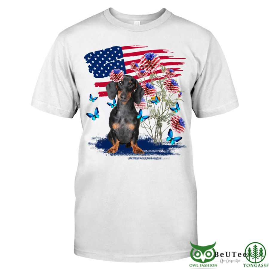 Dachshund With Flowers US Flag Happy 4th Of July Pet T-Shirt