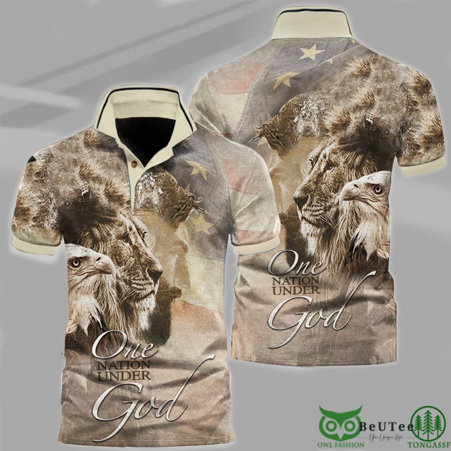 Jesus With Lion Eagle One Nation Under God US Flag Polo Shirt