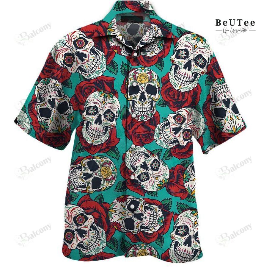 8 SUGAR SKULL red roses PATTERN ALL OVER PRINT HAWAII SHIRT