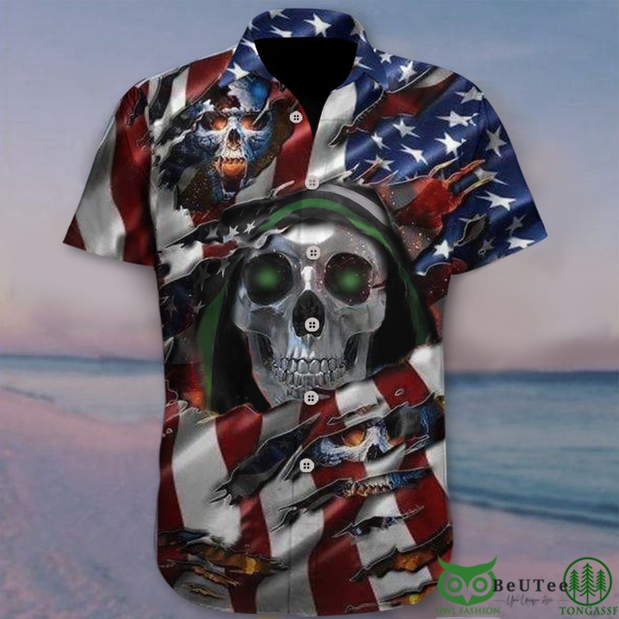 Thin Line Green Skull US Flag Military Honor Hawaiian Shirt