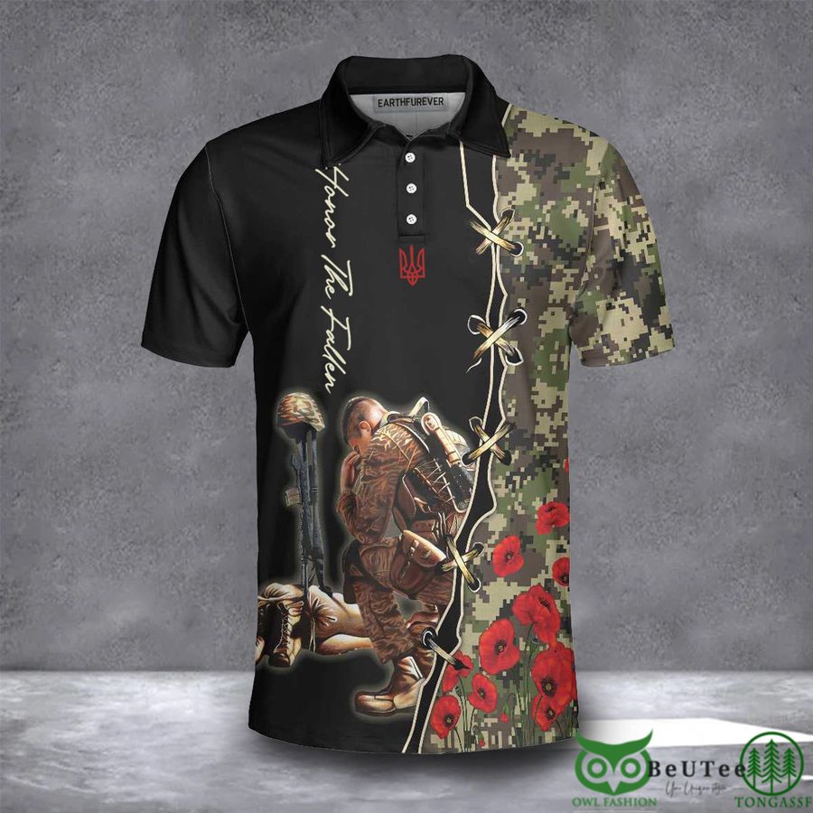Ukraine Veteran Poppy Honor The Fallen Trident Ukraine Camo Polo Shirt