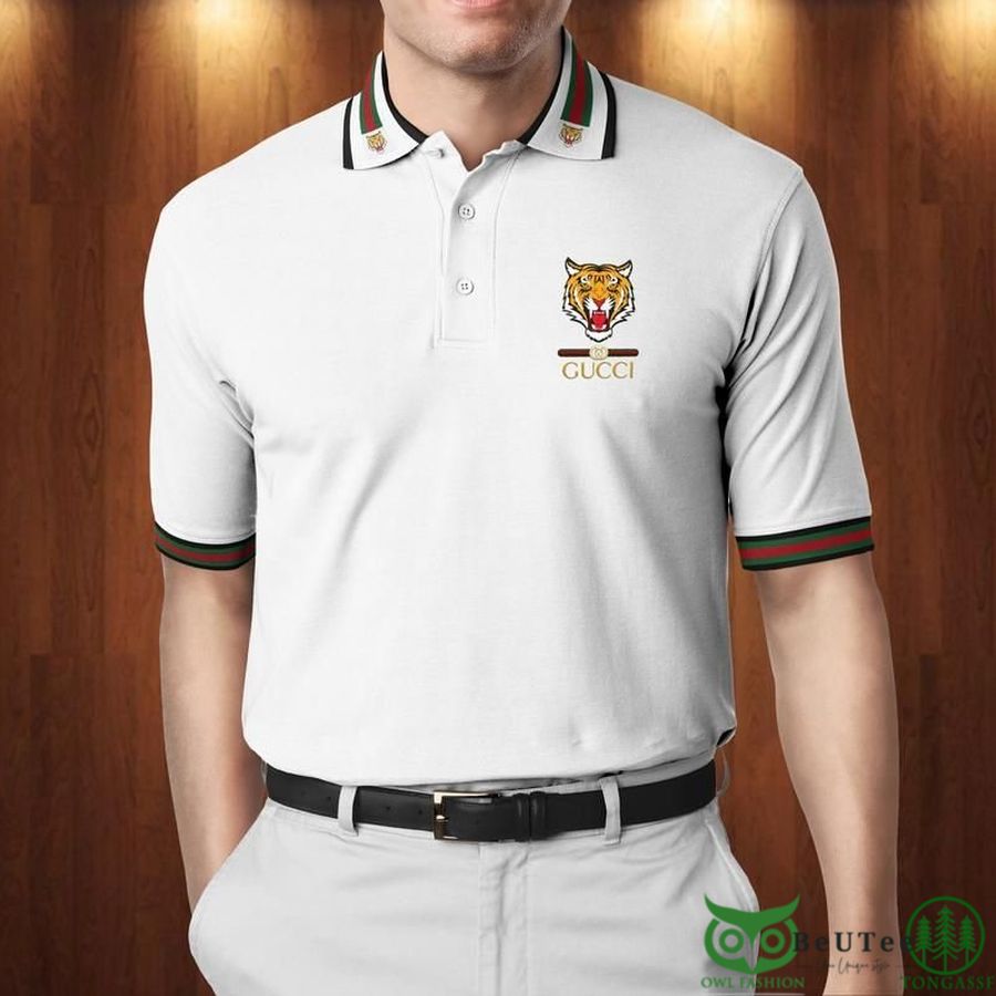 Limited Edition Gucci Basic White Tiger Pattern Polo Shirt