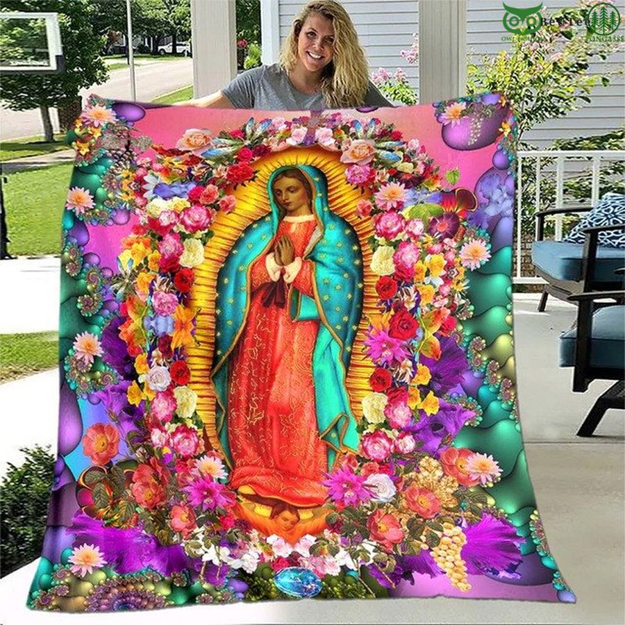 Virgin Mary under the rosie garden pink fleece blanket