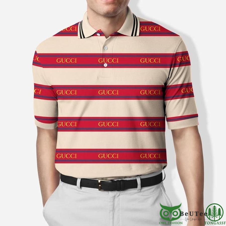 Limited Edition Gucci Red Brand Name Stripe Beige Polo Shirt