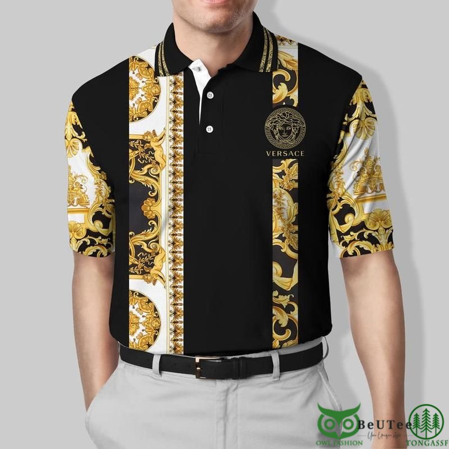 Limited Edition Versace Pattern Stripes Black Polo Shirt