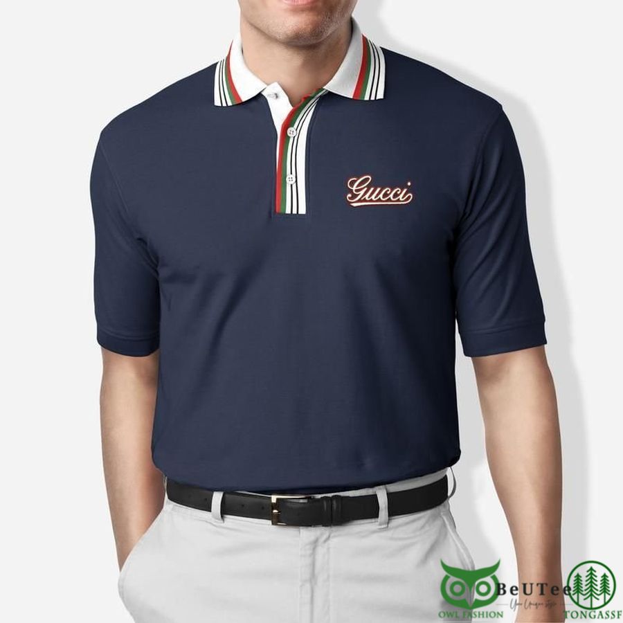 Limited Edition Gucci Dark Blue Pattern on Collar Polo Shirt