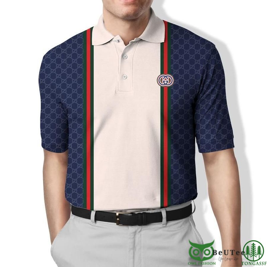 Limited Edition Gucci Beige Dark Blue Vintage Web Polo Shirt