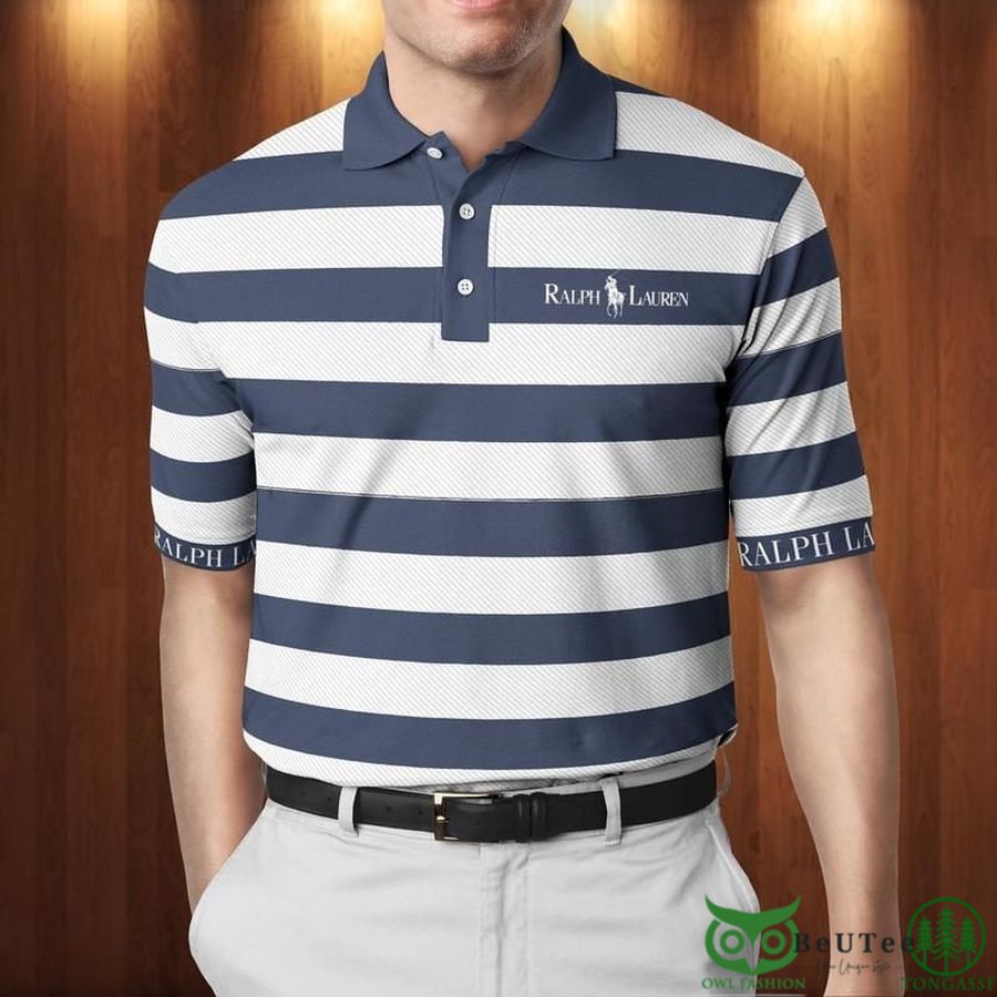 30 Limited Edition Ralph Lauren Dark Blue White Horizontal Line Polo Shirt