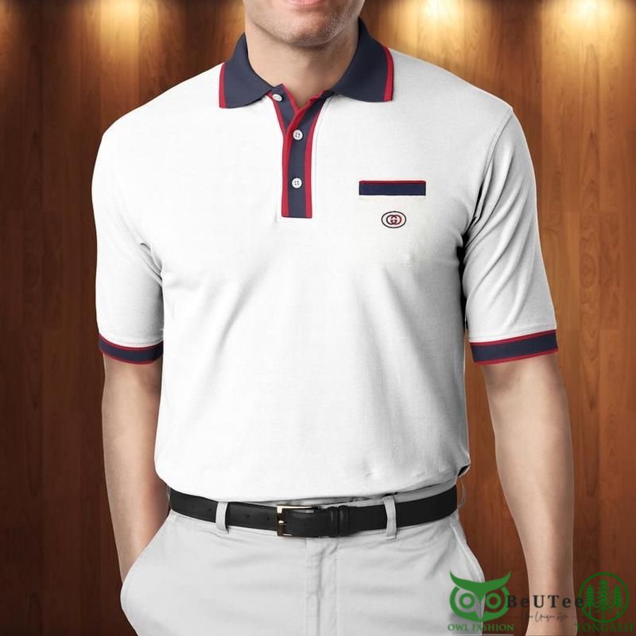 64 Limited Edition Gucci White Red Gray Stripe on Sleeves Polo Shirt