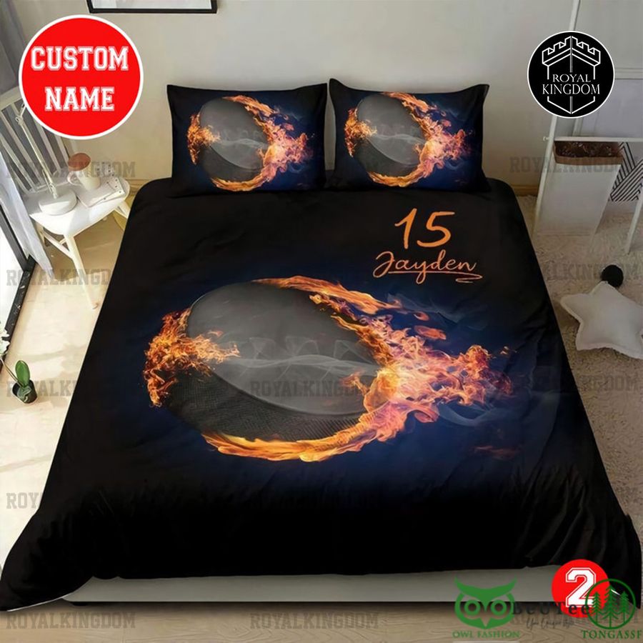 Custom Name Number Ice Hockey Fire Ball Bedding Set