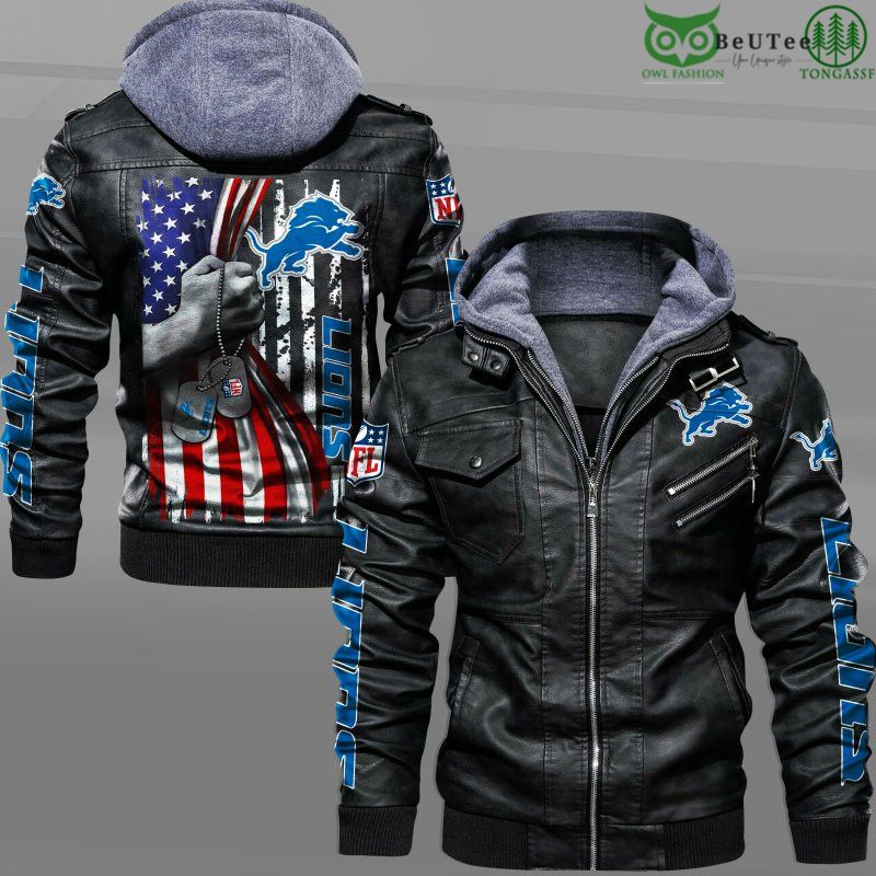 Detroit Lions American Flag Veteran National Football League NFL 2D Leather Jacket