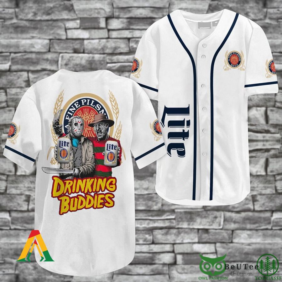 Horror Freddy and Jason Drinking Buddies Miller Lite Halloween Baseball Jersey