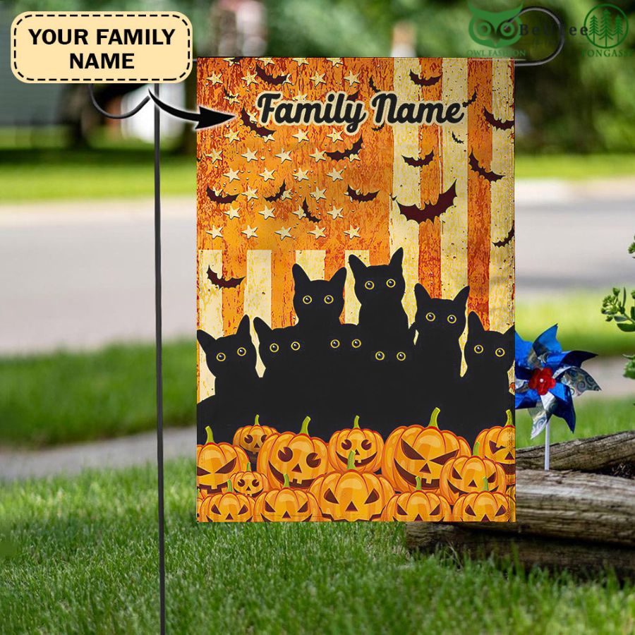Happy Halloween Cute Black Kittens And Pumpkins Custom Family Name Flag
