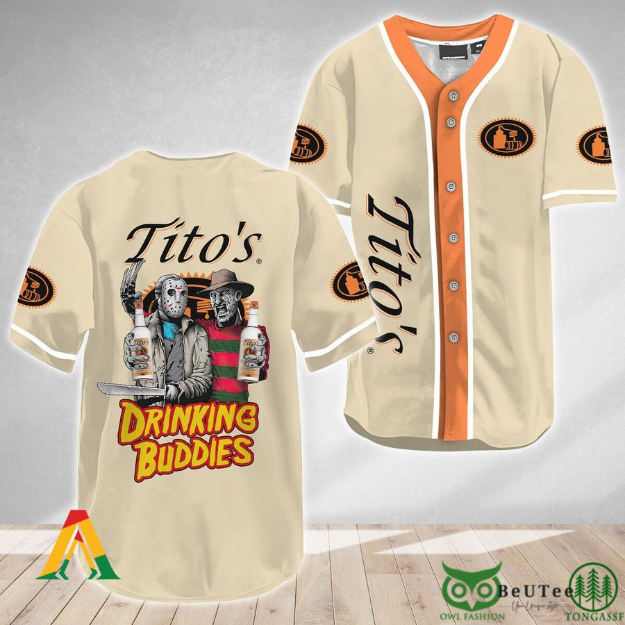 Horror Freddy and Jason Drinking Buddies Tito's Vodka Halloween Halloween Baseball Jersey