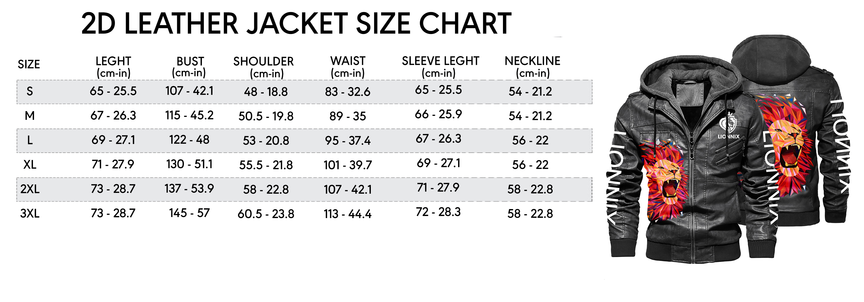 2d leather jacket size chart