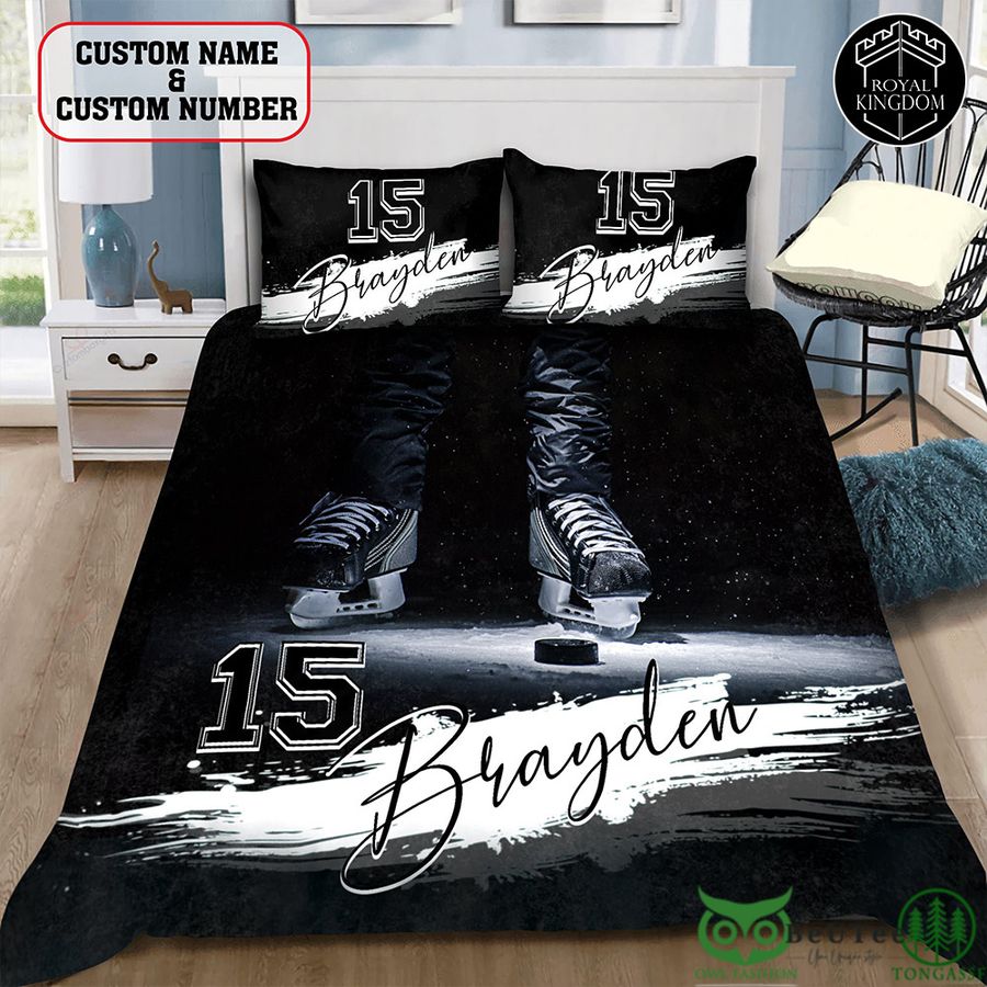 Custom Name Number Ice Hockey Shoes Black Bedding Set