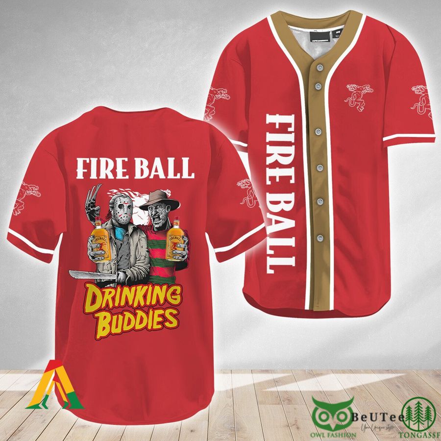 Horror Freddy and Jason Drinking Buddies Fireball Halloween Baseball Jersey