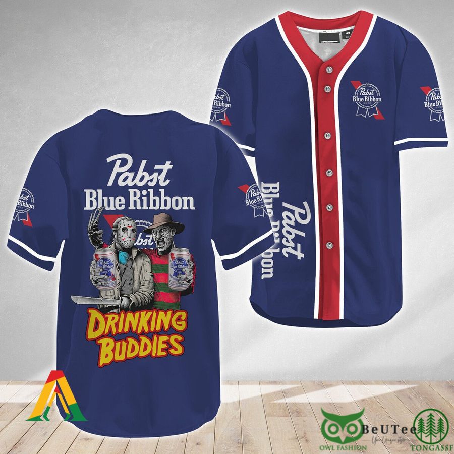 Horror Freddy and Jason Drinking Buddies Pabst Blue Ribbon Halloween Baseball Jersey