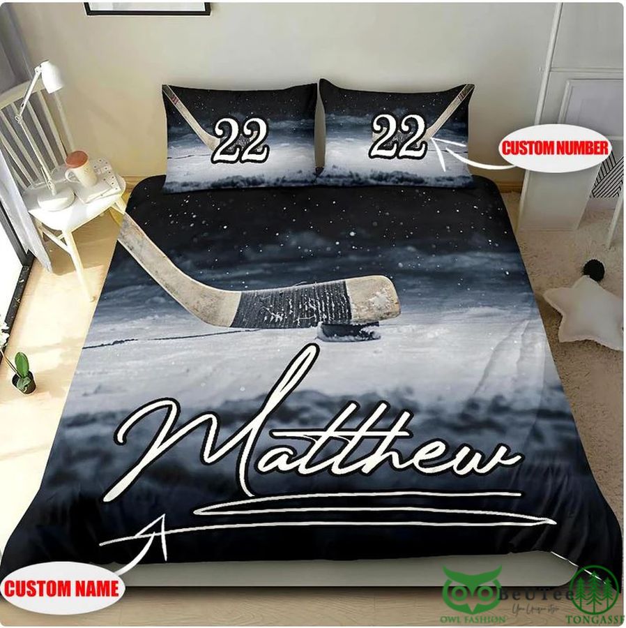 Custom Name Number Ice Hockey Stick and Ball Bedding Set