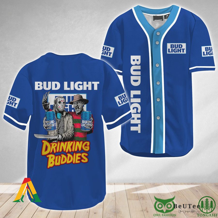 6 Horror Freddy and Jason Drinking Buddies Bud Light Halloween Baseball Jersey