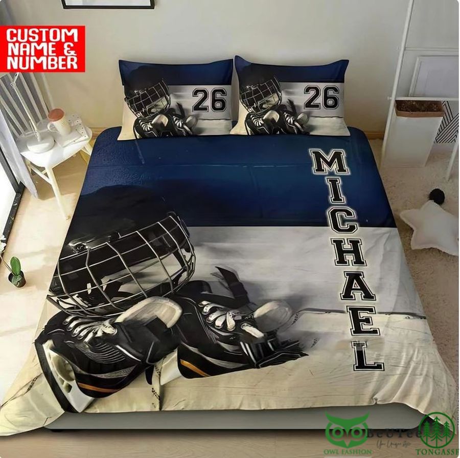 Custom Name Number Ice Hockey Helmet and Shoes Bedding Set