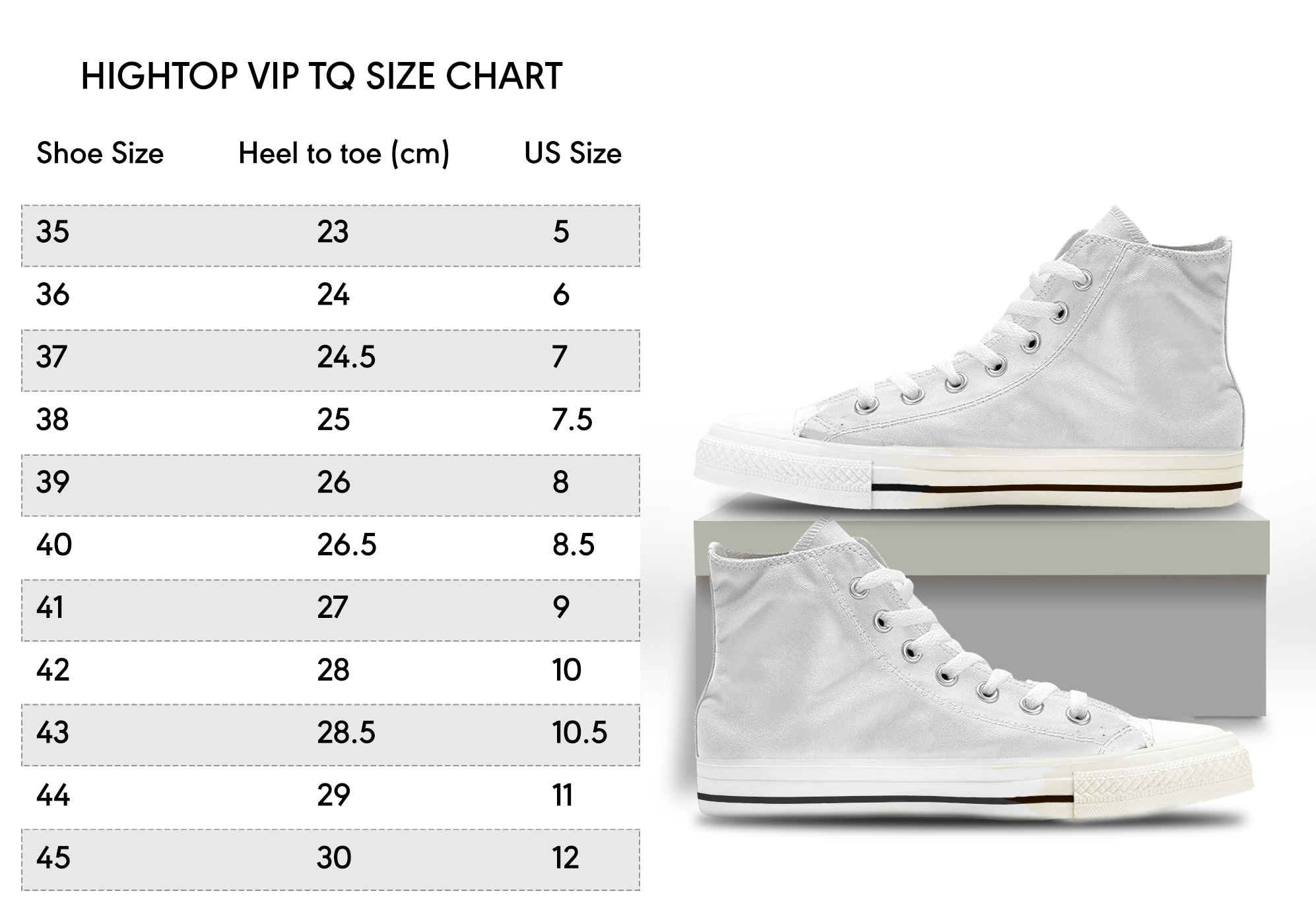 hightop vip size chart