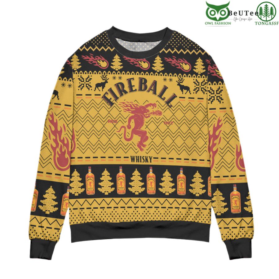Fireball Whisky Pine Tree Zigzag Pattern 3D Ugly Christmas Sweater