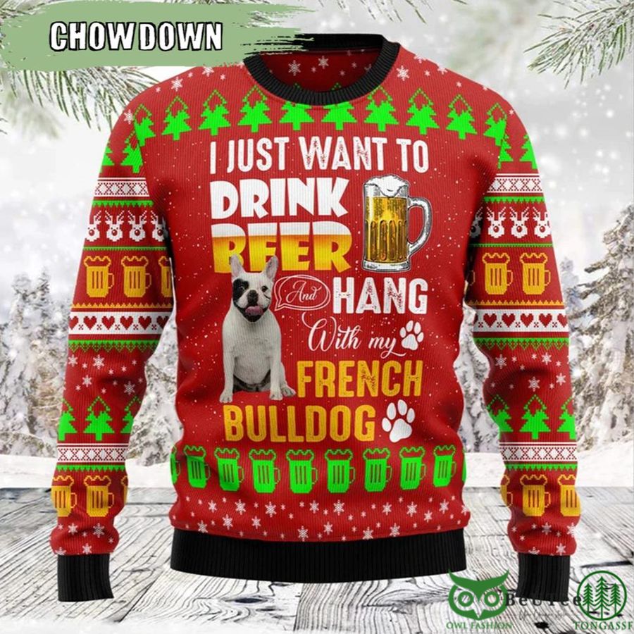 Drink Beer With French Bulldog Beer Ugly Christmas Sweater