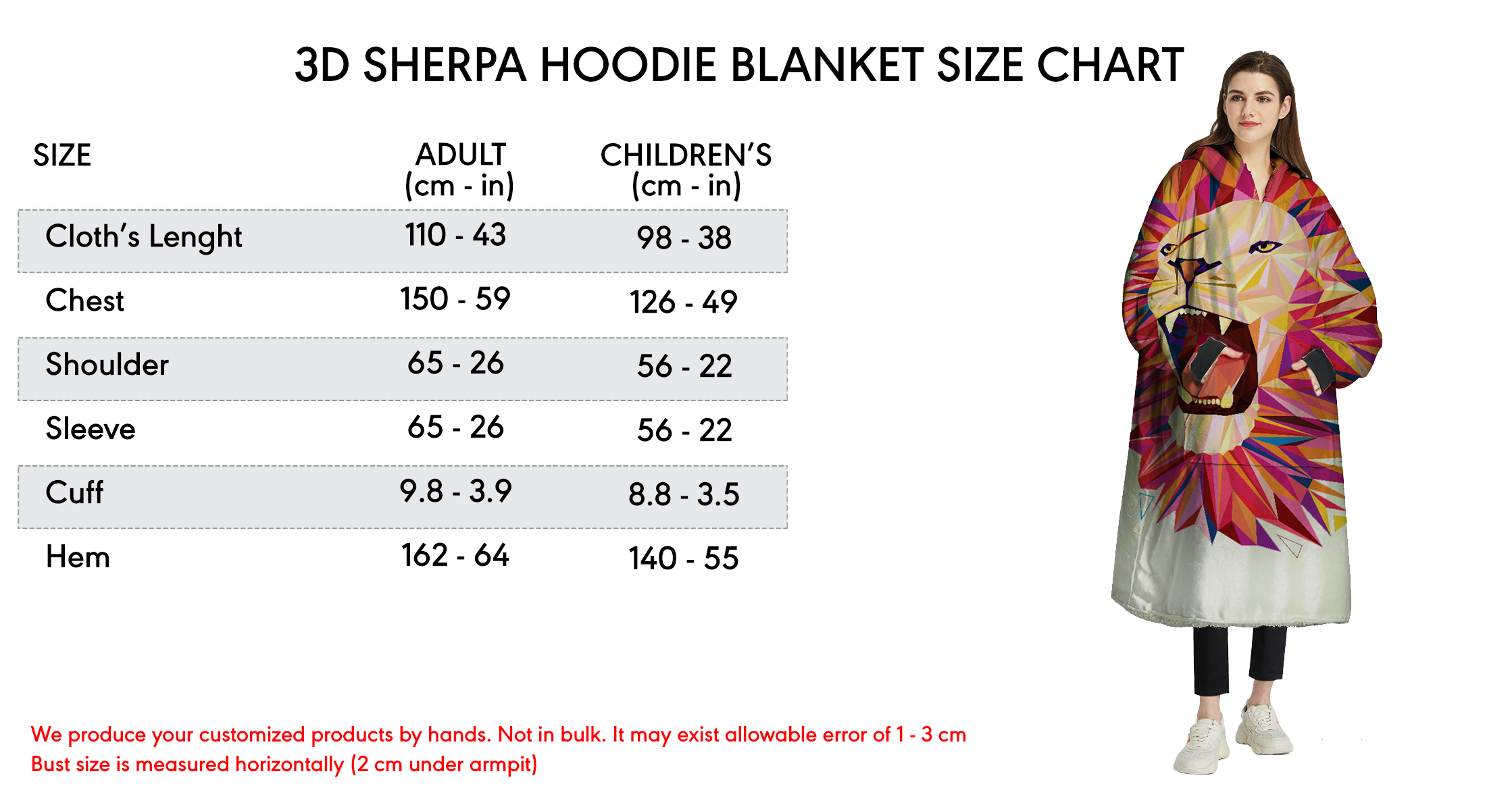 3d sherpa hoodie blanket size chart