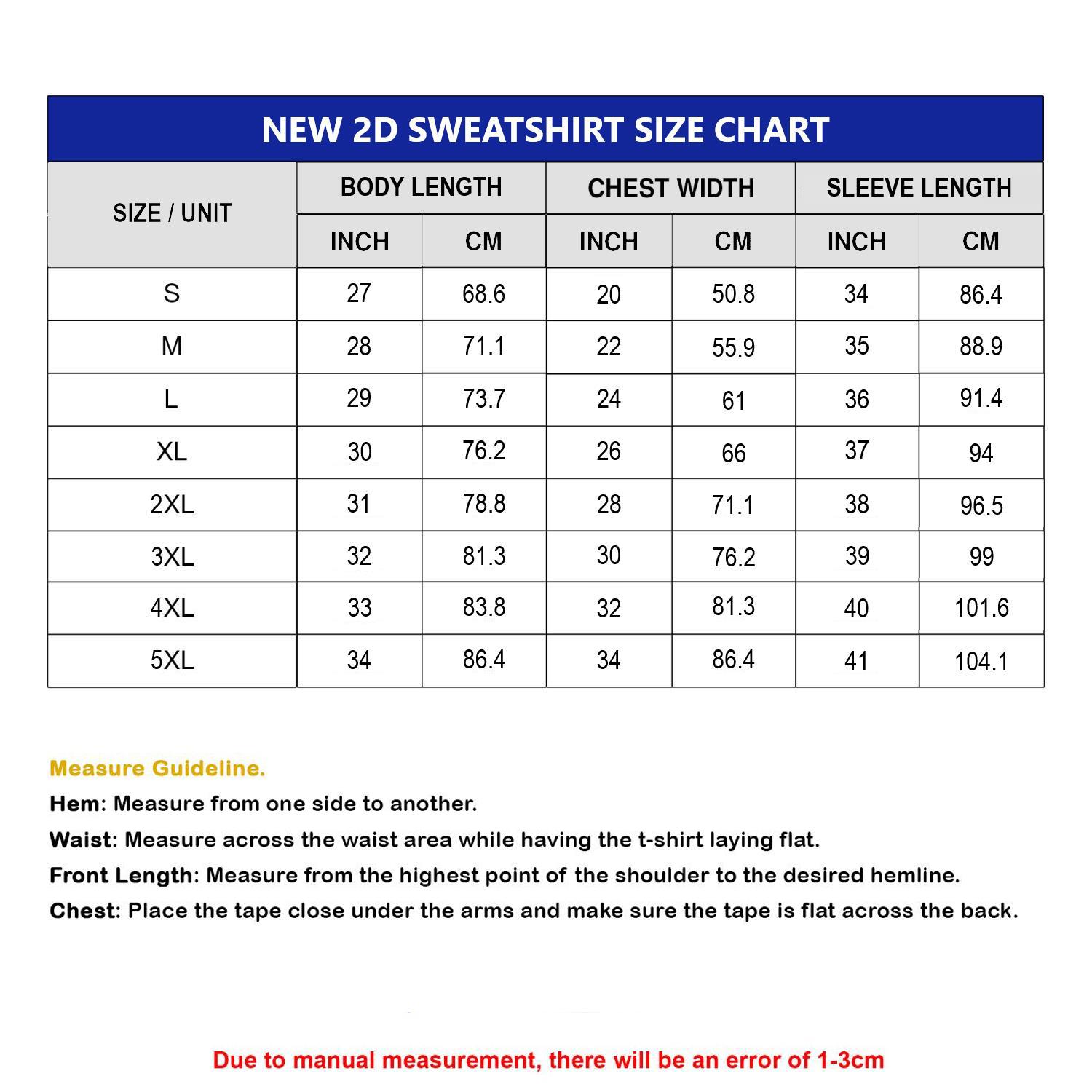 2D sweatshirt size chart