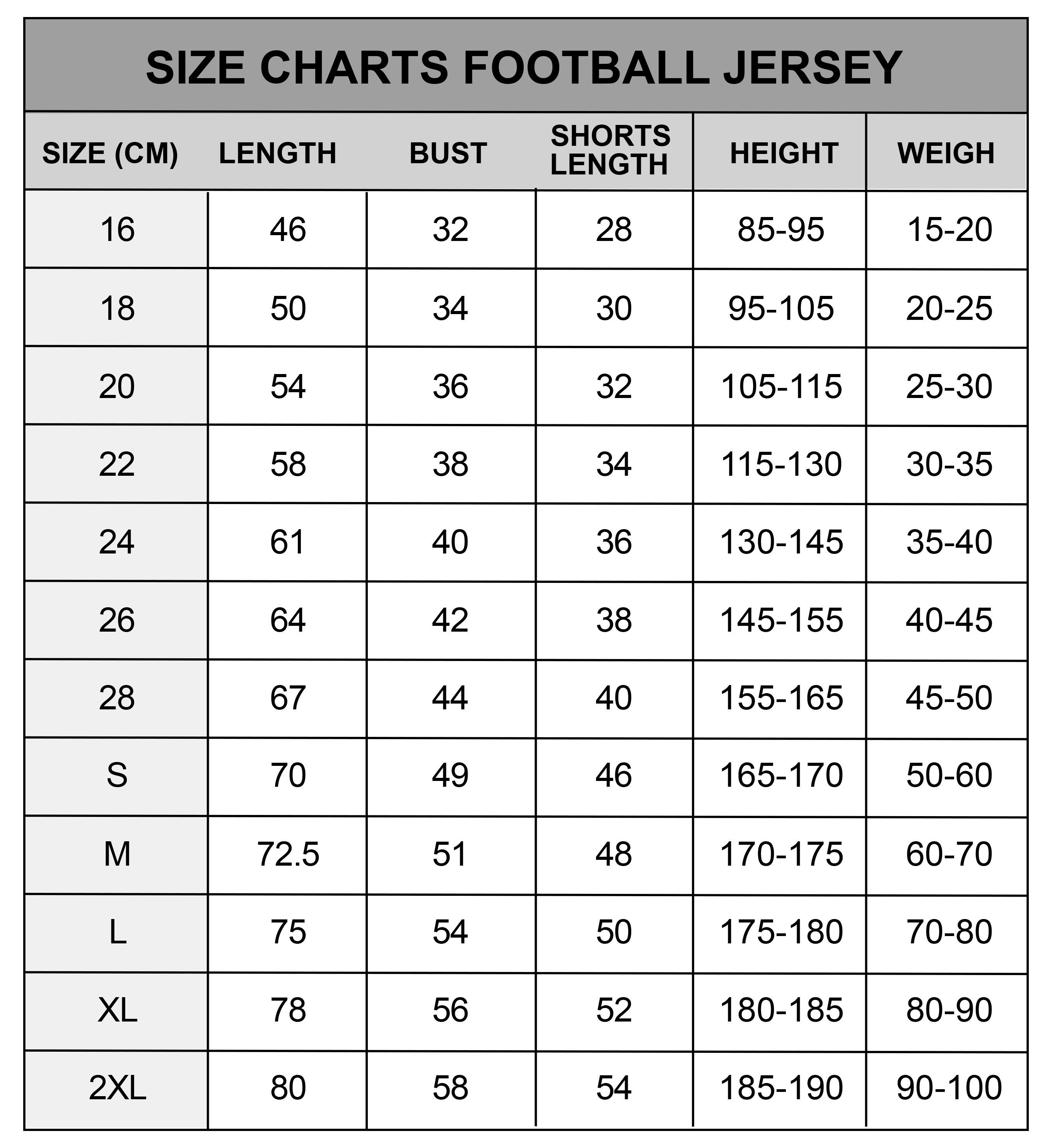 2d fake jersey size chart
