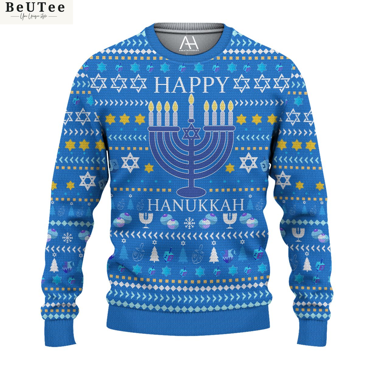 Happy Hanukkah Light Blue 3D Ugly Sweater Jumper Our hard working soul