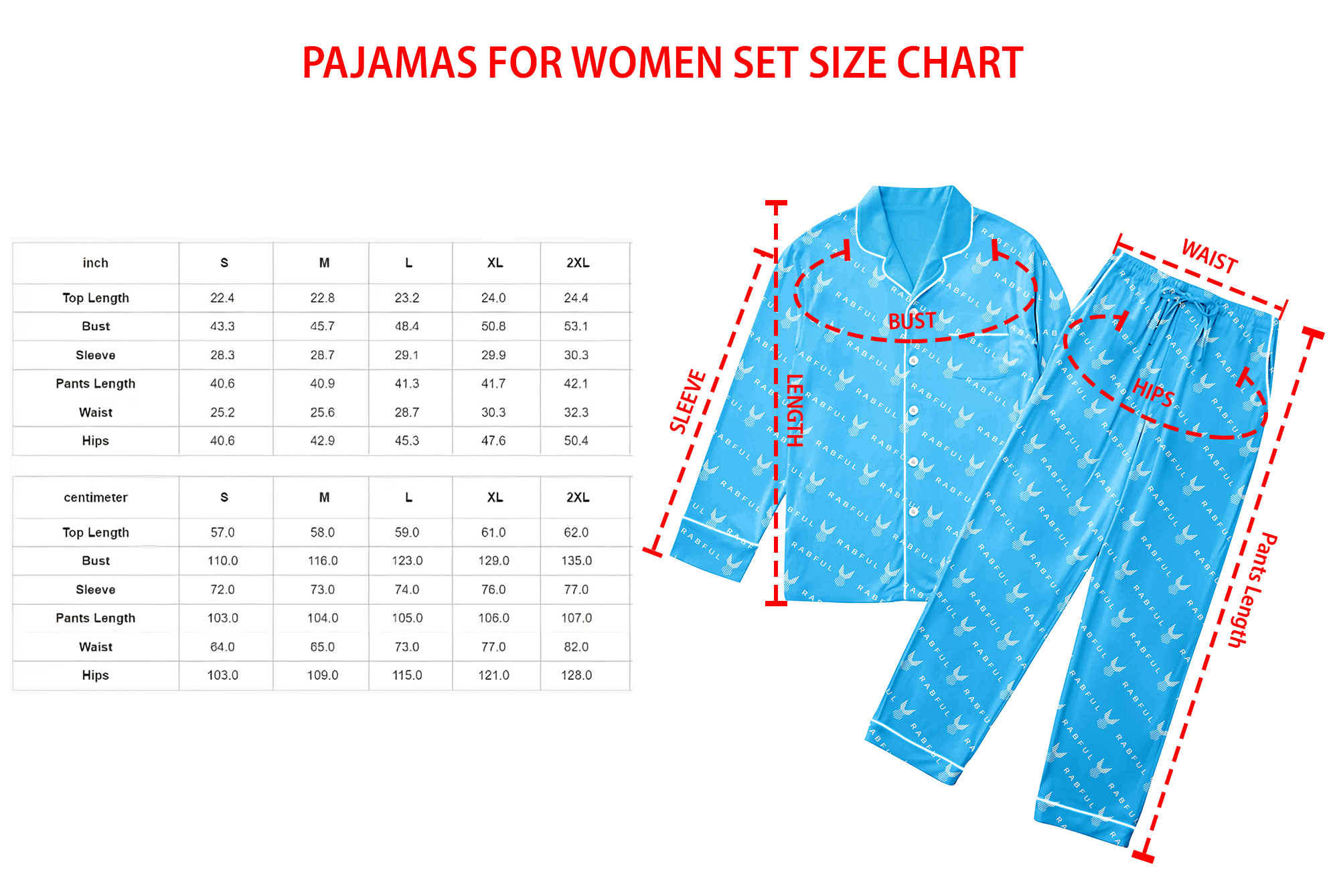 Pajamas For women Set size chart