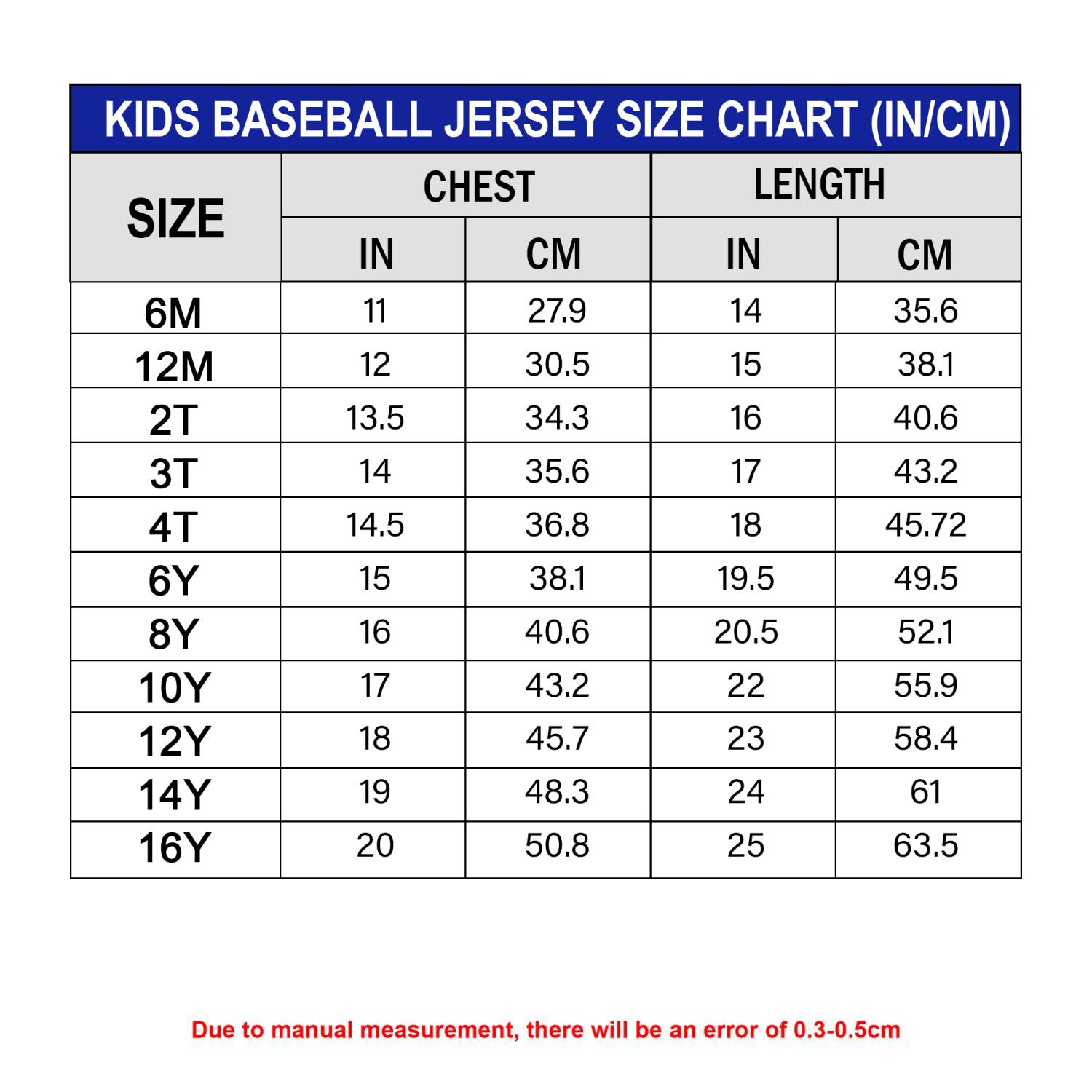 kid baseball jersey size