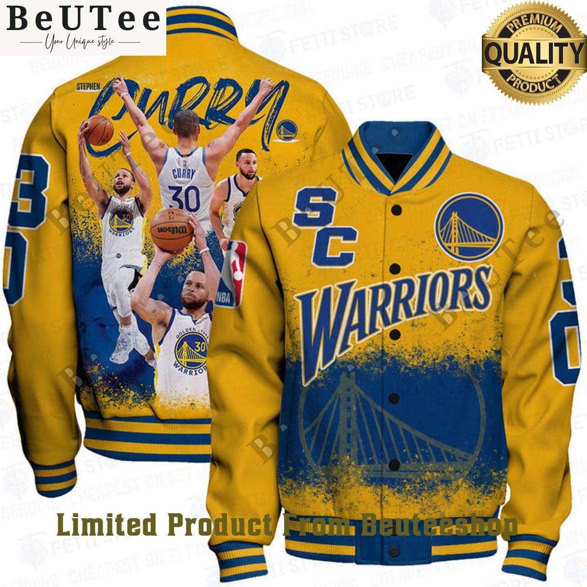Stephen Curry Warriors Heats Up NBA Blue Yellow Print Varsity Jacket Nice Pic