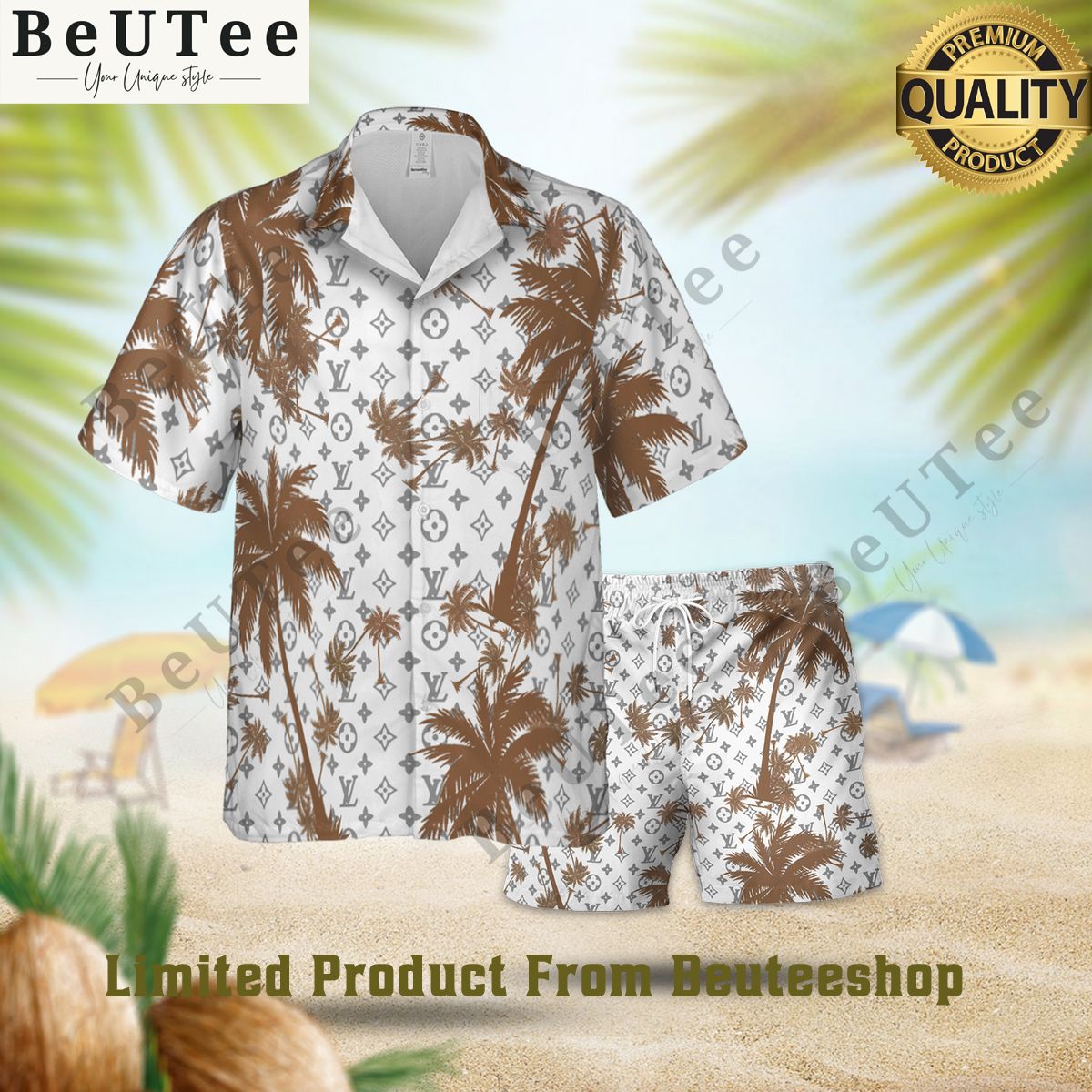 2024 louis vuitton brown palm tree luxury summer hawaiian shirt and short track 1