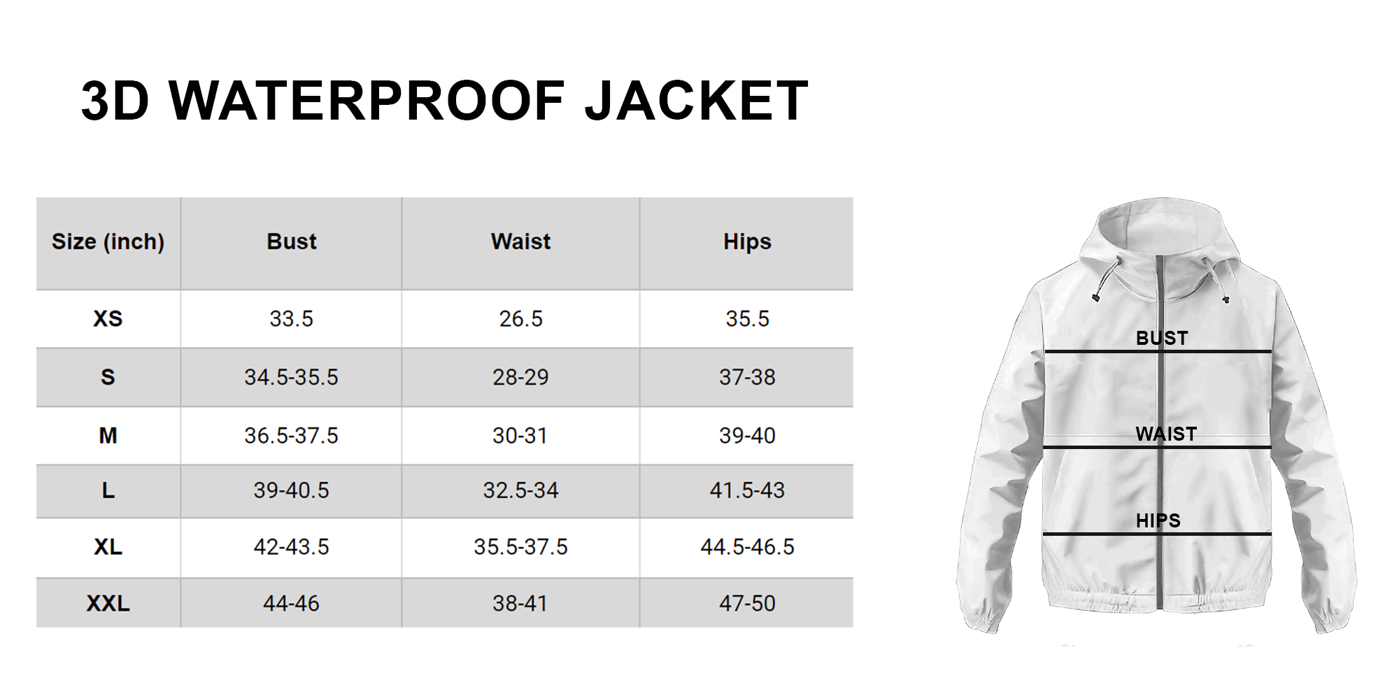 3d waterproof jacket size chart