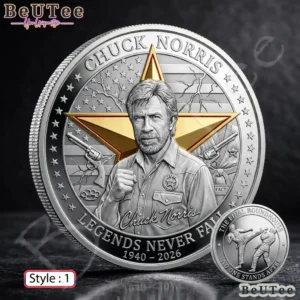 Silver memorial coin with a portrait and gold star beside a small roundhouse kick coin.