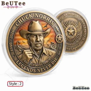 Bronze memorial coin in a clear case with a cowboy portrait and Texas Ranger reverse.