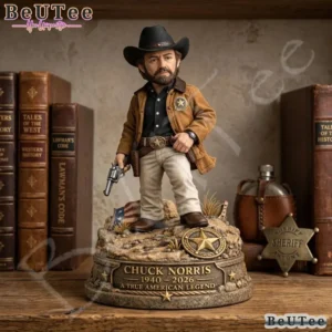Front view of a western style memorial collectible figure on a shelf with books in the background.