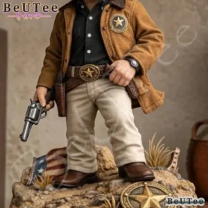 Close view of the figure body showing the jacket belt holster revolver boots and rocky base.