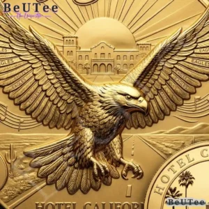 Close view of a gold coin with a large eagle over a desert road and hotel.