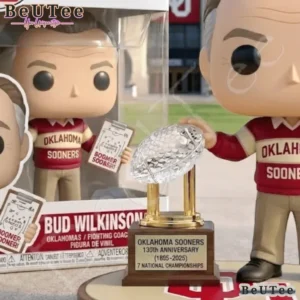 Close view of the Oklahoma Sooners coach doll box and trophy.