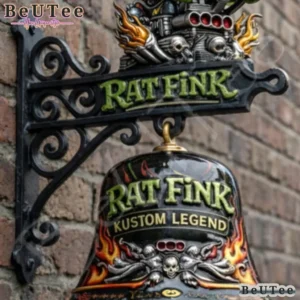Rat Fink commemorative wall bell held in hands outdoors.