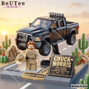 Texas Ranger Chuck Norris commemorative building block set with a ranger figure black pickup truck and display plaque.